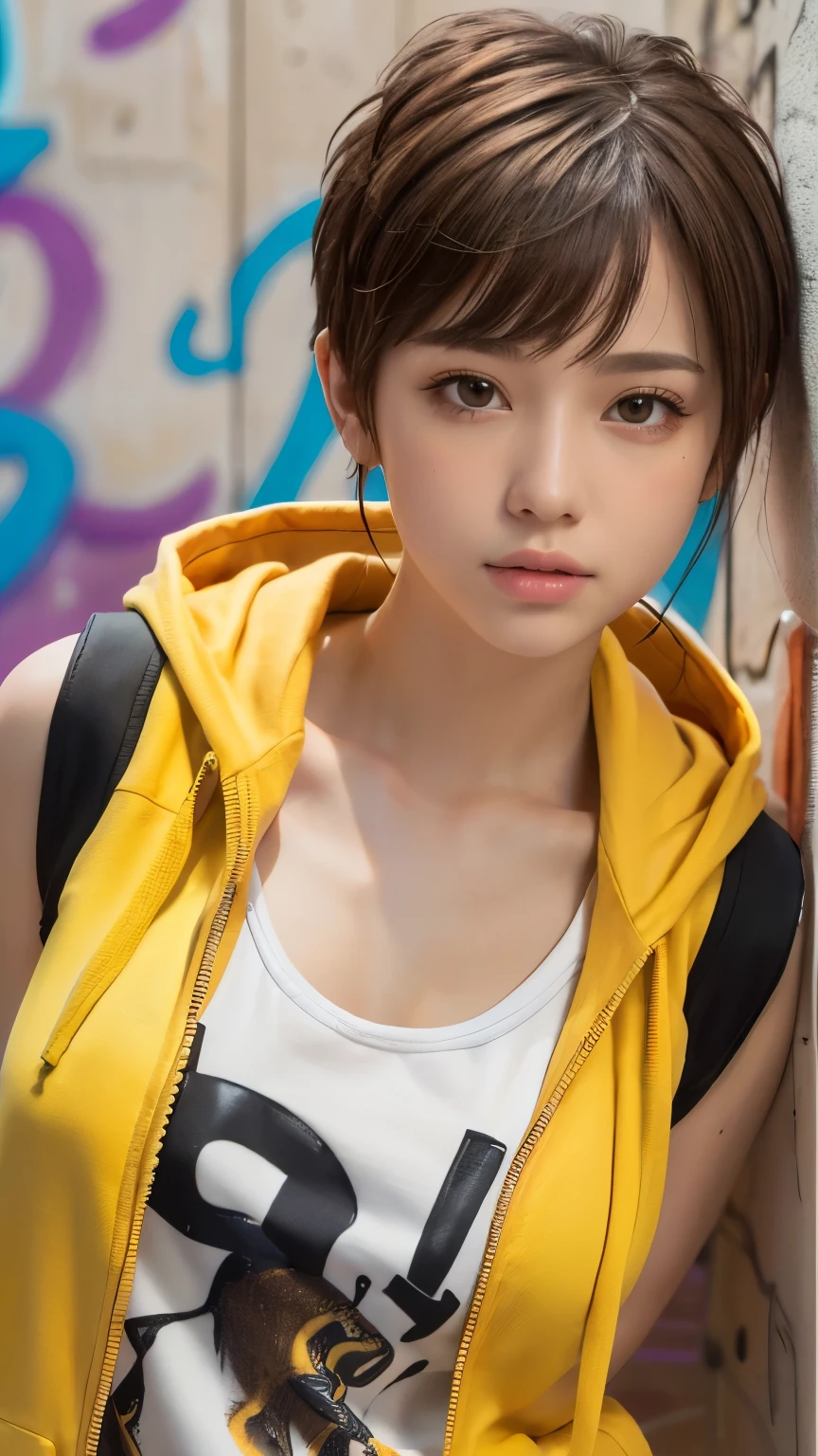 masterpiece, highest quality, Super detailed, 8k, Photorealistic, One girl, alone, Tomboy, Super detailed face, (head shot:1.5), Upper Body, Standing in front of a wall covered in hip hop graffiti, Light brown pixie cut hair, He is wearing a short black tank top and an unzipped yellow hoodie., Reach into your hoodie pocket