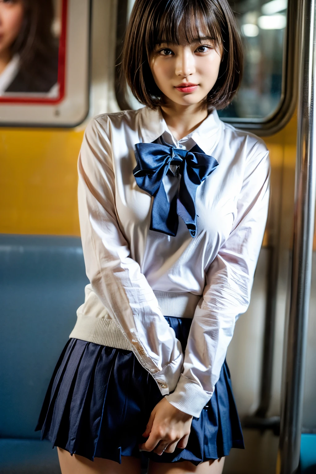 (8K、Raw photo、highest quality、masterpiece:1.2)、(realistic、Photoreal)、1 girl,(High school girl pulls up her skirt on the train and shows off your panties:1.6)、(cute face:1.3)、Japanese 1 girl,(Japan High School Girl)、(1 real high school girl)、(Japan High School Uniforms:1.6),small breasts,perfect skin,detail skin,(cute girl,short hair,Squeezing pussy:1.7)