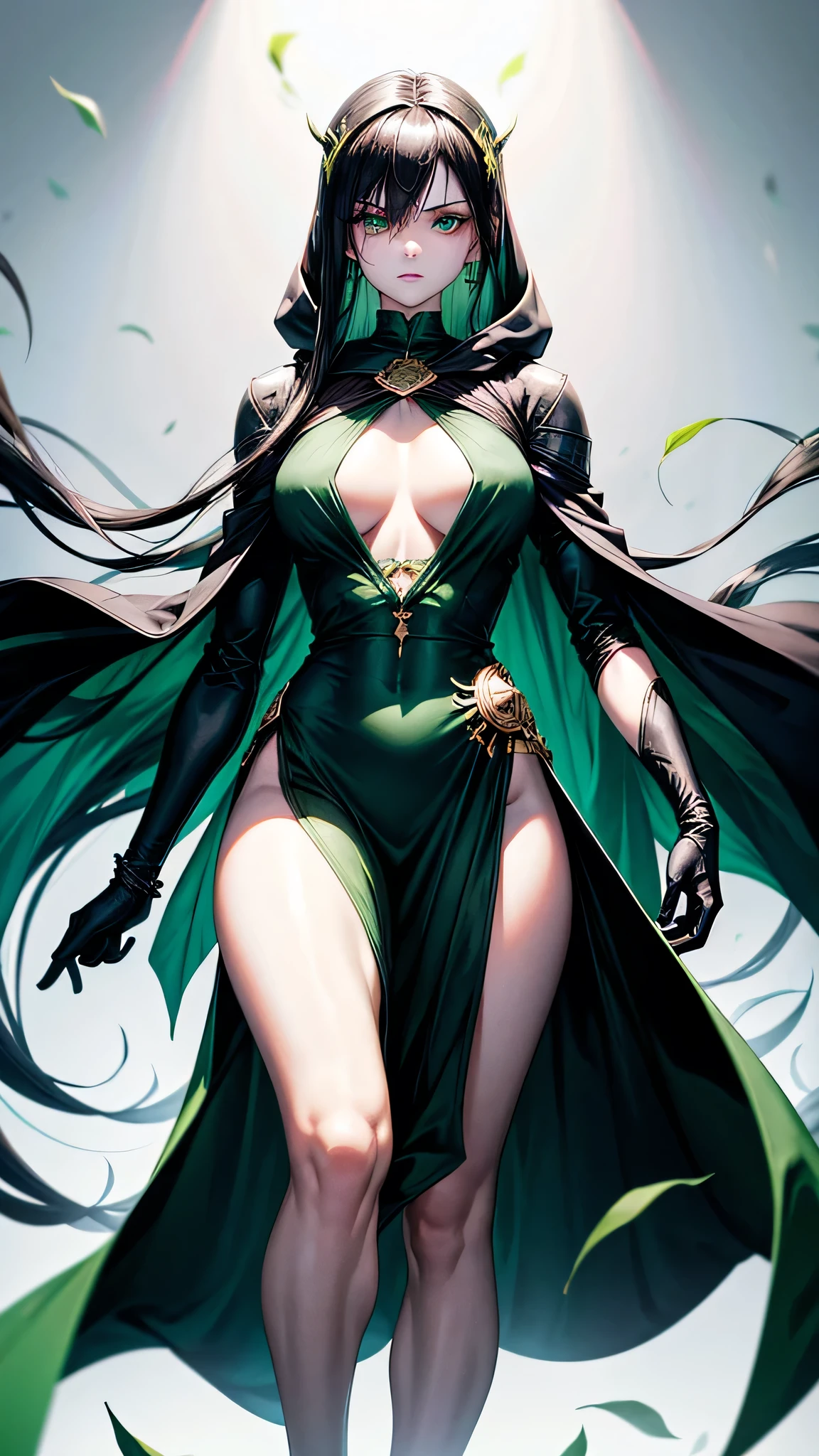 Floating eyeballs and green floating hands. Zombielike sleepy 18 year old girl with pale white skin, really long smooth silk black hair with really long bangs covering her right eye, sharp glowing green emerald eyes with bags underneath, a muscularly lean and slim body, wearing a black, gold and white war dress with a black hoodie, with doctor weapons, standing in a white background. War surgeon. Disease god. Fullbody. Muscular arms and muscular legs. Green eyes. Mature. Exhausted eyes. Black gloves. Floating green eyes and floating green hands. Right eye is not visible. Emerald and gold accesories.