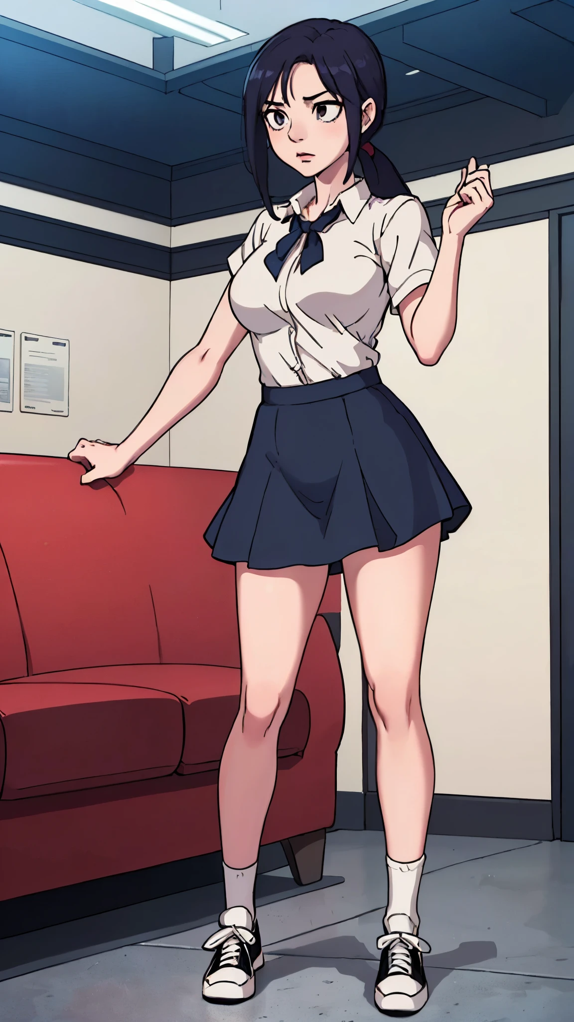 (best quality:1.5, highres, UHD, 8K, detailed lighting, ((ultra high quality)), ((ultra detail)), 1 girl solo, anime girl with ponytail and tie in a, black hair, anime artstyle, as an anime character, wearing long skirt, nagatoro, an anime girl, Ezra scarlet, beautiful anime high school girl, front view, ((uniform high school)), wearing short sleeve white shirt white tie, female anime character, anime character, in an anime style, ((full body)), converse, converse high, (big breasts), highly detailed face, cool, tomboy