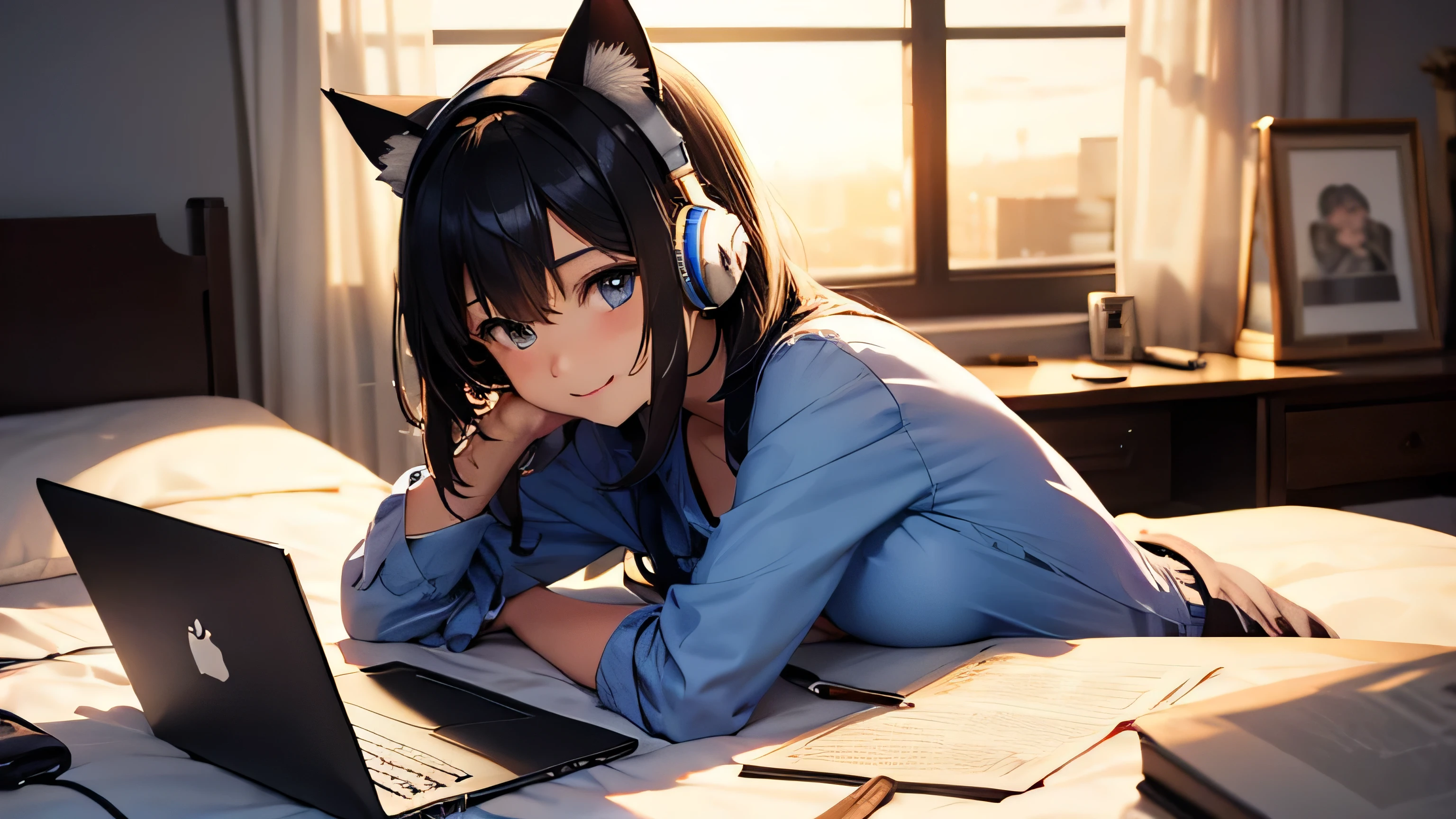 Beautiful girl with cat ears and headphones studying、Stylish and cute room、Sunset shines through the window、Dress code: blue shirt、Smile、Cut your hair in a bob and lighten your hair a little.