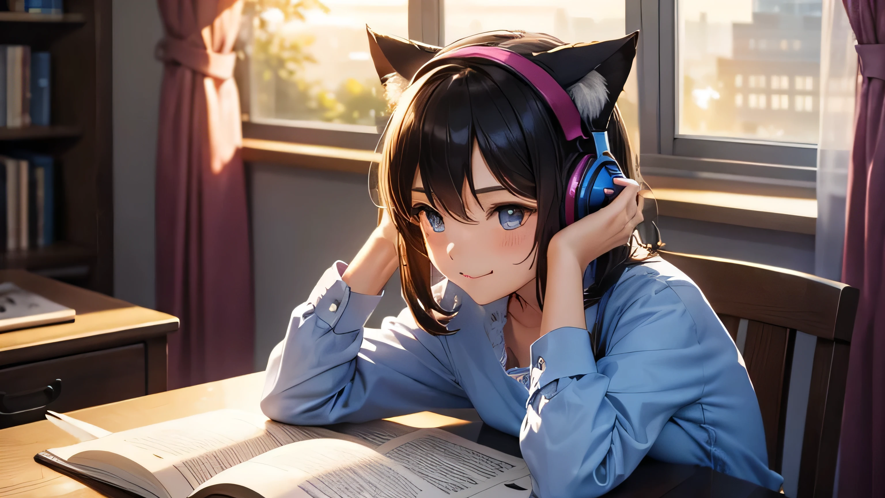 Beautiful girl with cat ears and headphones studying、Stylish and cute room、Sunset shines through the window、Dress code: blue shirt、Smile、Cut your hair in a bob and lighten your hair a little.