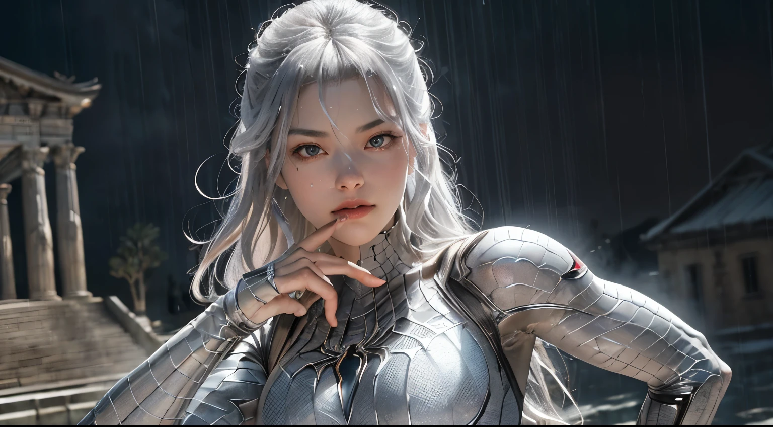 (Extreme Detail CG Unity 8K wallpaper, masterpiece, highest quality), (Exquisite lighting and shadow, highly dramatic picture, Cinematic lens effect), a beautiful girl in a white Spider-Man costume, silver gray hair color, long hair, from the Spider-Man parallel universe, Wenger, Marvel, Spider-Man, in the ancient temple, in the rain, very beautiful face, silver claws, dynamic pose), (excellent detail, excellent lighting, wide angle), (excellent rendego on ancient temple, enough to stand out in its class), focus on white Spider-Man costumes, complex spider textures