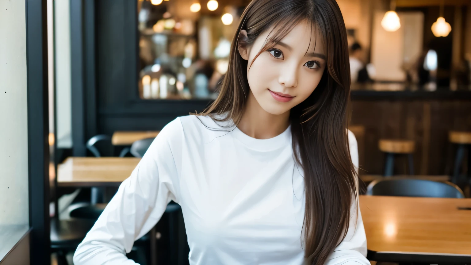 Skinny Japanese woman, Long Wavy Hair, wear (Long sleeve T-shirt:1.3), Sitting at a table in a stylish cafe. Inside the cafe, the walls are painted a soft white.. Realistic, Realistic, high quality, RAW Photos, Detailed Background, Very detailed, Sharp focus, High resolution, 8k, 超High resolution, Digital SLR, Realistic eyes, Perfect Eyes,