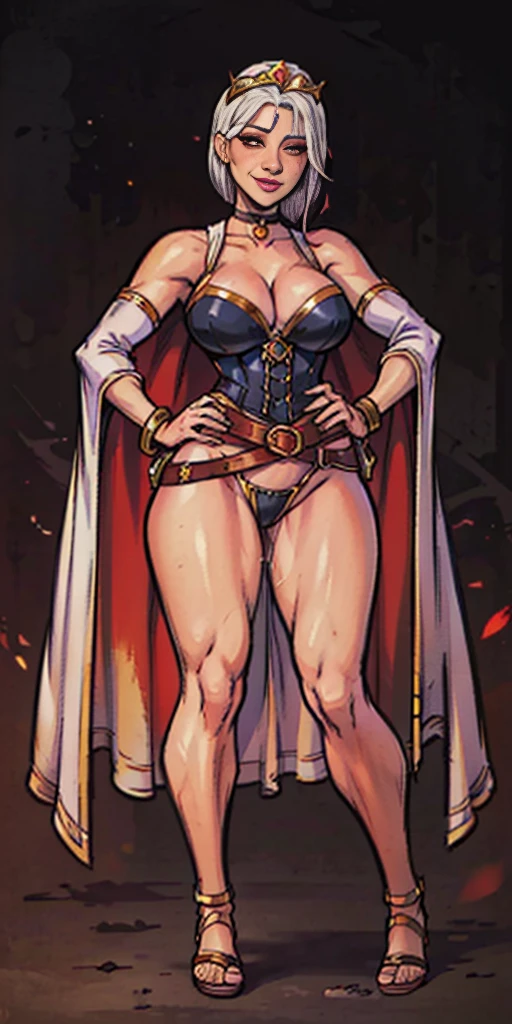 ((BLACK BACKGROUND,1:2, masterpiece)), full body MILF BIMBO standing with two long thighs and two high heels, red eyes, silver white hair, short bob style hair, big breasts, cleavage, separate sleeves, tiara royal, long cape up to two feet, yellow bikini, hands on waist, navel, lustful smirking smiling, smile face (red blushed, red cheeks), metal shoulders, gold sleeveless armbands, black leather choker slave collar, shackle bracelets, sex slave red crest, full body MILF BIMBO standing with two long thighs and two metal sandals, red eyes, silver white hair, short bob style hair, big breasts, cleavage, separate sleeves, tiara royal, long cape up to two feet, yellow bikini, hands on waist, navel, lustful smirking smiling, smile face (red blushed, red cheeks), metal shoulders, gold sleeveless armbands, black leather choker slave collar, shackle bracelets, sex slave red crest, pauldrons, breastplate, corset, eye focus, full body, whole body. 1solo . slave fighter, loincloth standing, hands on hips, metal sandals, backpack, choker, big belt, view from below, feet together, bracers, tiara)