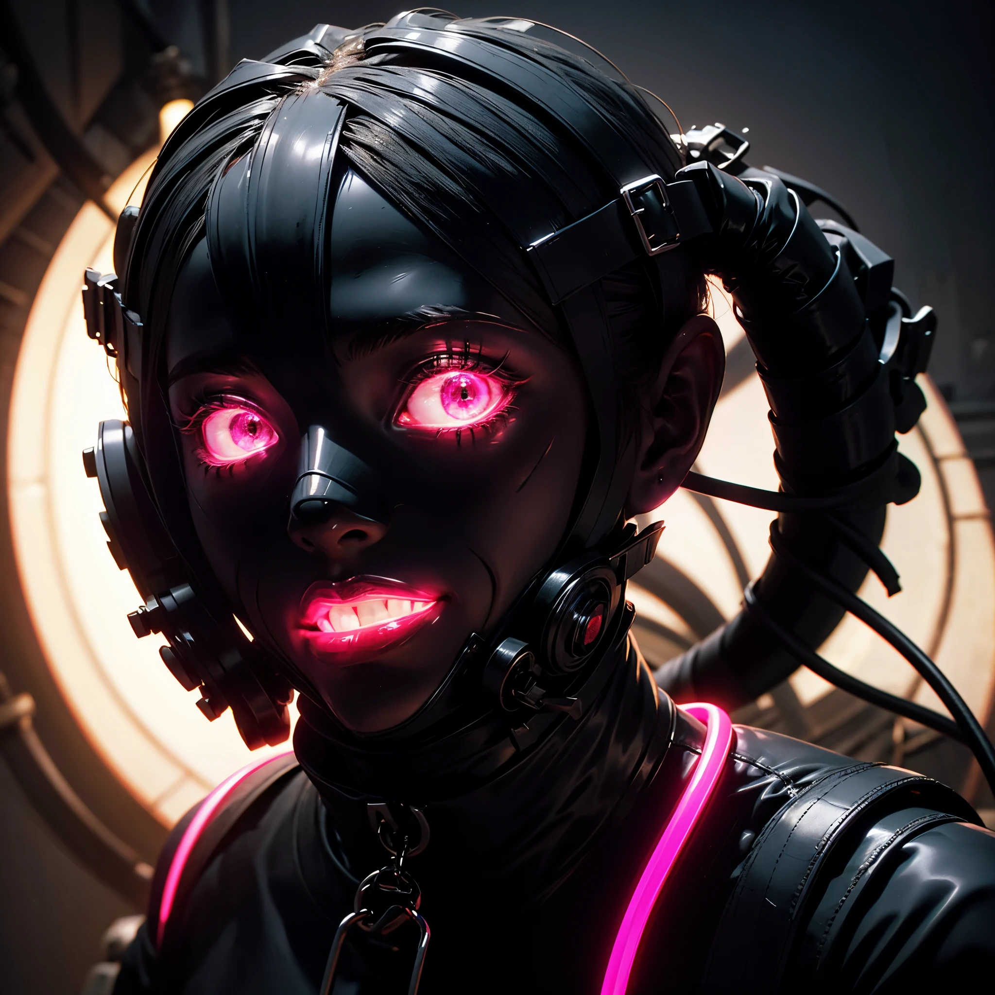 a very beautiful and very thin girl, wears black underwear with tights and latex face mask. Dark room with only red neon lighting. Viele Details, extremely realistic. good quality, 8k