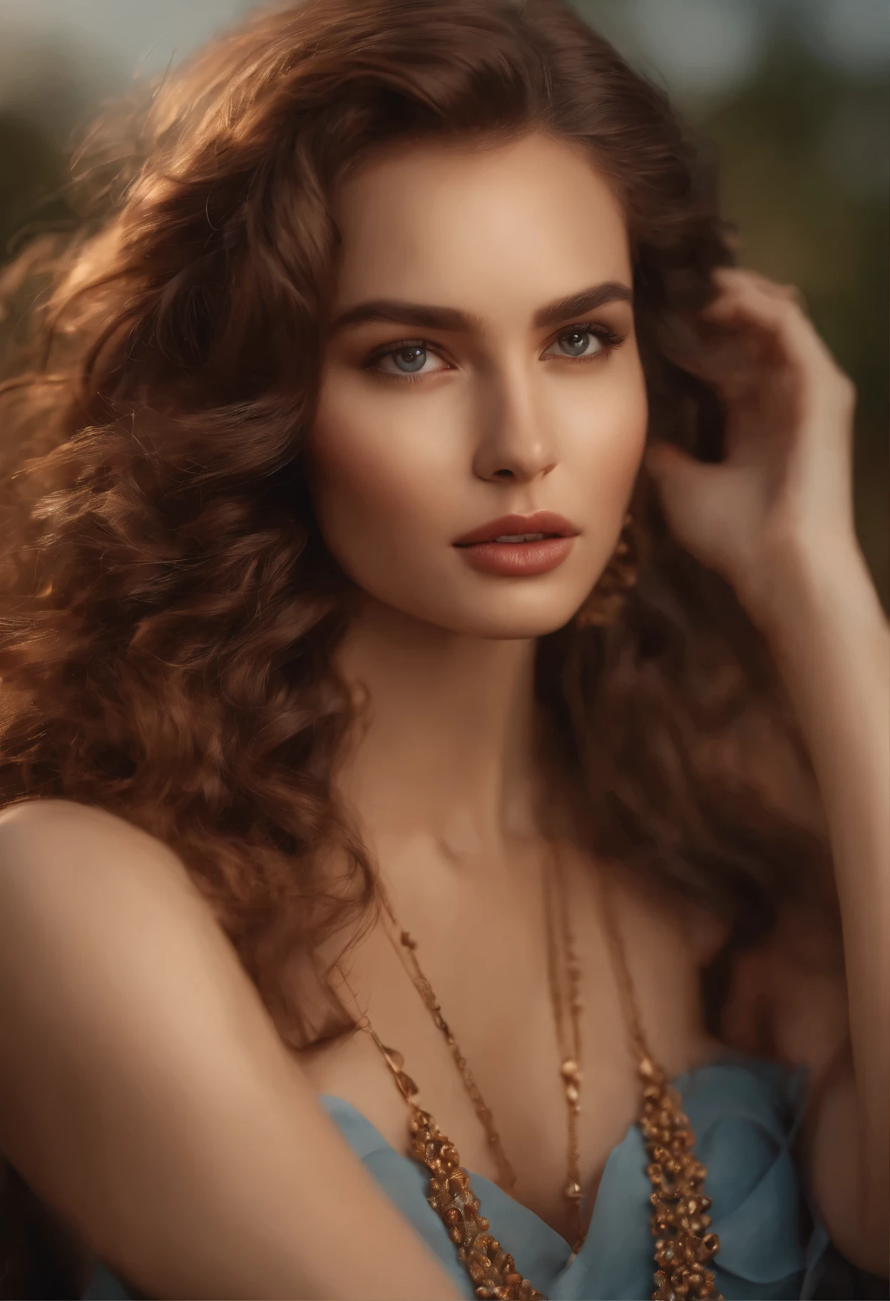 Bed, legs spread, , masterpiece, super high resolution, 8k, seduction, close up, full ,  close up, masterpiece, highest quality, best quality, infinite details, 8k resolution, an exquisite beauty, goddess, fairy, beautiful eyes, charming eyes, hydrated lips, long brown hair, slightly curly, net face, detailed portrayed face, detailed portrayed expression, detailed portrayed hands, detailed portrayed background, detailed portrayed figure, detailed portrayed hair, detailed portrayed body, detailed portrayed hands, detailed portrayed background, detailed portrayed body, detailed portrayed hair, detailed portrayed hands, detailed portrayed body, detail portrayed Portrayed features, Masterpiece, Detailed pulling, Detailed background, Detailed character, Detailed hair, Detailed hair, Detailed hair, Detailed body, Detailed hands, Detailed clothes, Detailed face, Perfect face, Extreme arm, Hair, Facing the viewer, Necklace, Lipstick, Earrings, Sunset, Masterpiece, Infinitely close to the real one!