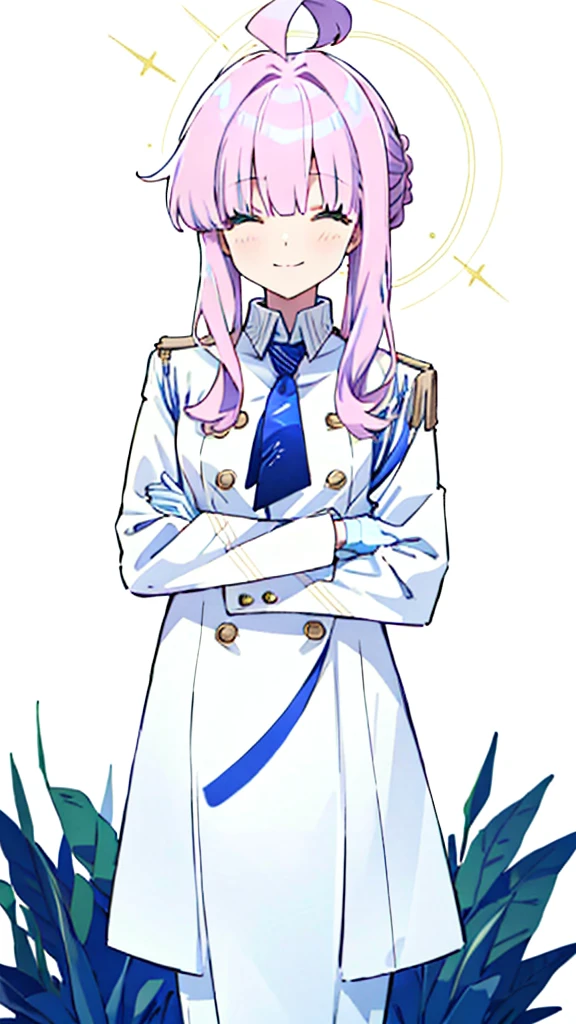 full body,Shiranui Kaya, One girl, alone, View your viewers, smile, bangs, Simple Background, gloves, Long sleeve, White Background, Green Eyes, Arms crossed, close your eyes, Pink Hair, Ahoge, tie, white gloves, coat, Hello, blue tie, white coat