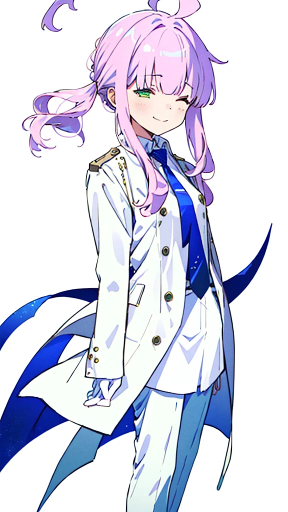 full body,Shiranui Kaya, One girl, alone, View your viewers, smile, bangs, Simple Background, gloves, Long sleeve, White Background, Green Eyes, Arms crossed, close your eyes, Pink Hair, Ahoge, tie, white gloves, coat, Hello, blue tie, white coat