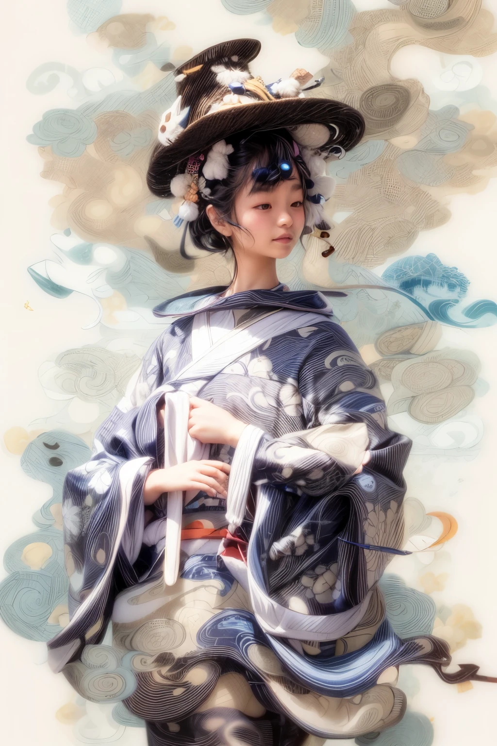 A 14-year-old Japanese girl wearing a yukata、On a cream background、Sky blue yukata、A yukata with a white rabbit pattern、Black hair style、The shape of Chinese characters

