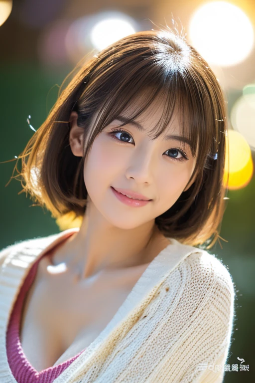 Japan high school girls、Random hairstyles、cleavage of the breast、Super Detail Face、Eye of Detail、double eyelid、Bring your chest together、sharp focus、prety woman、light brown hair、top-quality、masterpiece、A high resolution、Photorealsitic、Highly detailed and professional lighting smile、Loose and light knitwear、Shoulder out、slender、serious facial expression、short-haired、Fatal position