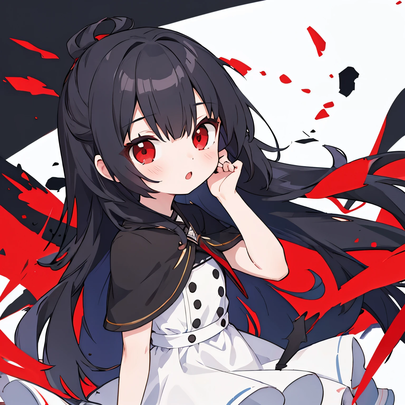 A girl,(chibi:0.8),solo,red eyes,black hair,wearing white dress 