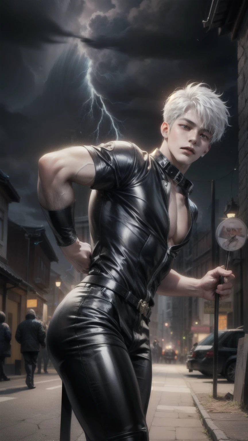 realist, masterpiece, complex parts, detailed background, depth of field, muscular, Photo of a handsome man (Young Korean looks like a K-pop idol), 20 years, Shirt with latex collar, shiny latex, fighting stance, dynamic pose, Andante, Tangas, full length portrait, black boots, holding a bow, with arrows on the back, on the street of a medieval city, (short white hair), It has a touch of mystery and magic, dark clouds, And lightning falls to the ground. sensual crotch, White skin, pale,
