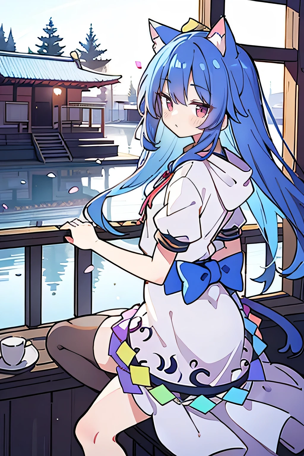 （masterpiece：1.2），Super detailed，lifelike，Expressive eyes，fair skin，perfect face shape，1 girl，
Japanese comics,Gorgeous blue hair,flowing blue hair,flowing clothes,Cat ears,Petals fall,beautiful lola,Baby Angel,
Shaking head with one hand，Cross your legs，Gentle and peaceful background，The pavilion is cool and comfortable,smile, wearing hoodie, background of tokyo,back views,snowing, winter.