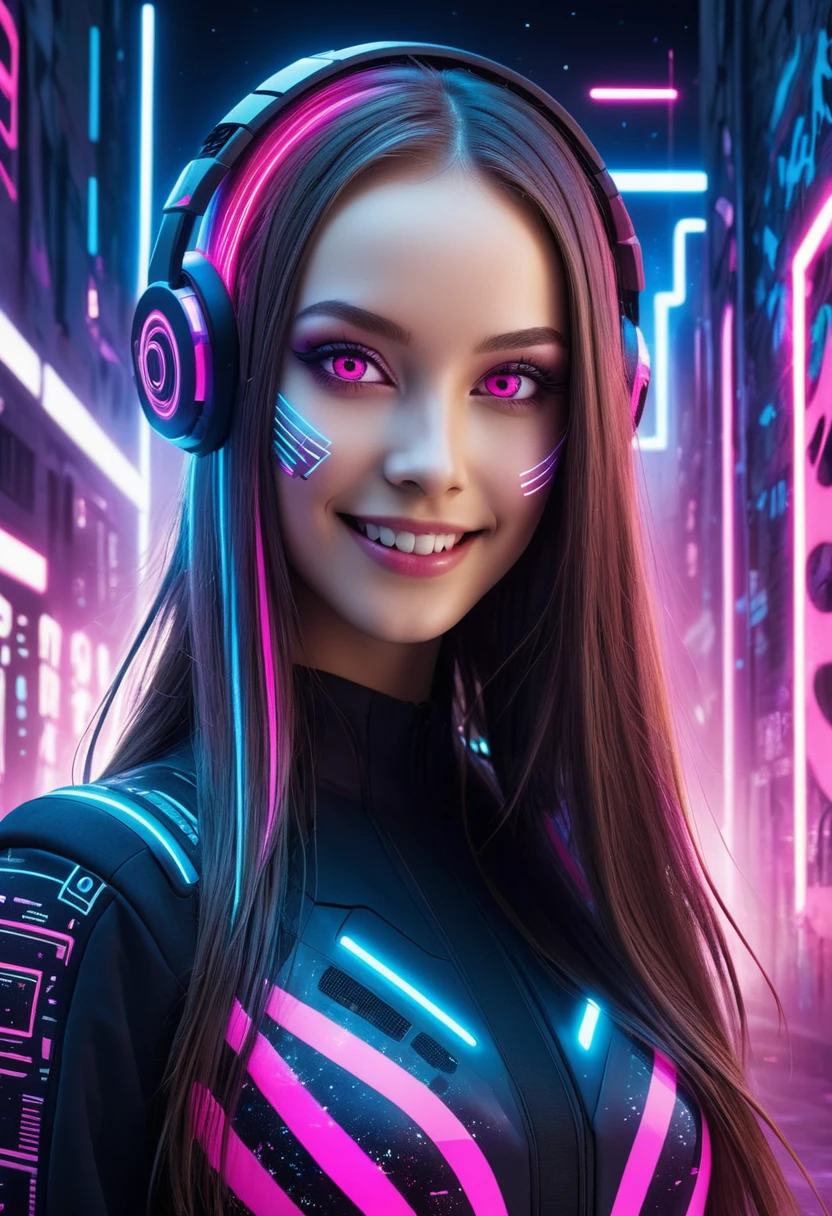Detailed background, masterpiece, best quality, Cybernetic digital binary barcode data production, Beautiful Model Portrait, Futuristic Makeup, Floating long hair, Smile, Hair accessories, Neon Pink, Graffiti, night, Bright Eyes, Starlight