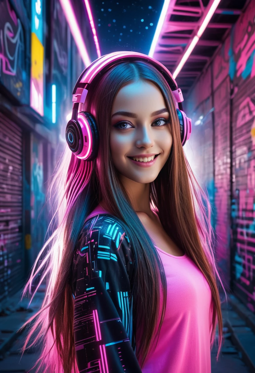 Detailed background, masterpiece, best quality, Cybernetic digital binary barcode data production, Beautiful Model Portrait, Futuristic Makeup, Floating long hair, Smile, Hair accessories, Neon Pink, Graffiti, night, Bright Eyes, Starlight