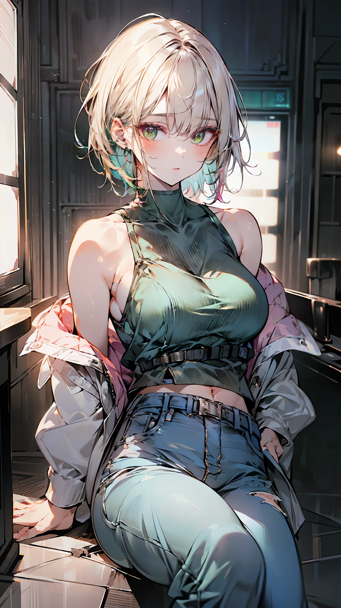 (masterpiece:1.2, highest quality), (Realistic, photoRealistic:1.4), Beautiful illustrations, (Natural Side Lighting, Cinema Lighting),
View your viewers, whole body, 1 girl, Japanese, high school girl, Perfect Face, Cute and symmetrical face, Sunburn, Shiny skin,
(Short Hair:1.5, Straight hair:1.4, Blonde), Hair on one eye:1.4, Emerald green eyes, Long Eyelashes, (large breasts), (wide hips),Pink Eyeshadow,
Beautiful Hair, Beautiful Face, Beautiful fine details, Beautiful clavicle, Beautiful body, Beautiful breasts, Beautiful thighs, Beautiful feet, Beautiful fingers,(Zip-up Belt Cami Denim Top)