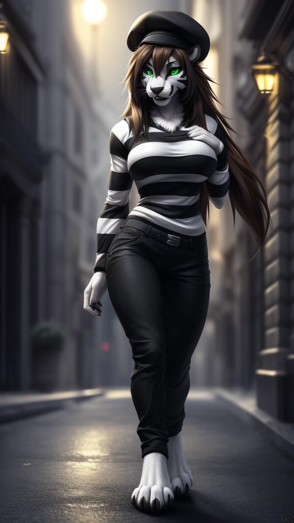 uploaded on e621, (by Wildering, by Koul, by fluff-kevlar, by aycee), solo, female sabertooth tiger, sabertooth tiger ears, neck tuft, hip tuft, leg tuft, sabertooth tiger tail, ((very long fangs)), ((black sclera, green eyes)), ((black and white striped mime shirt, black mime pants, mime facepaint, black beret)), ((full-body portrait)), (masterpiece), (best quality), (anthro furry:1.3, snout:1.2, anthro:1.3, furry:1.2, solo female:1.2), (thick figure, curvy figure), (wide hips), (extremely thick thighs), (large breasts, perky breasts), BREAK (((digitigrade feet, wild long brown hair))), (france at night background), depth of field, ambient light on the body, (intricate:0.7), (high detail:1.3), (unreal engine:1.3), (sharp focus:1.15), (masterpiece, best quality, 4k, 2k, shaded, absurd res), mischievous grin, eyes half closed,