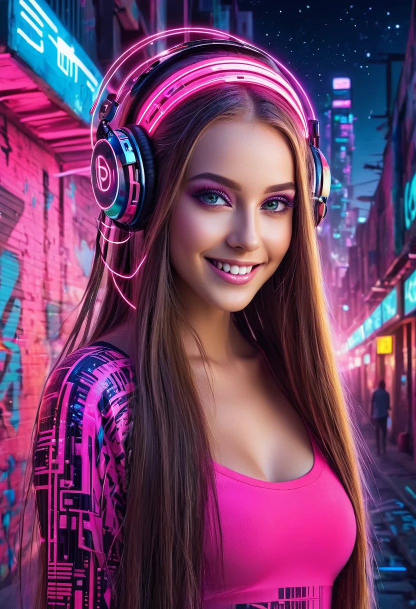 Detailed background, masterpiece, best quality, Cybernetic digital binary barcode data production, Beautiful Model Portrait, Futuristic Makeup, Floating long hair, Smile, Hair accessories, Neon Pink, Graffiti, night, Bright Eyes, Starlight