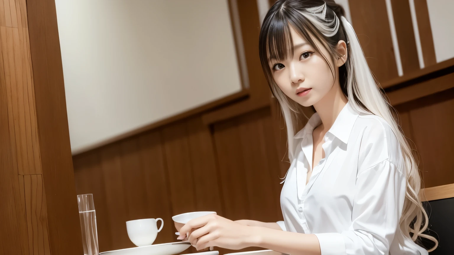 Skinny Japanese woman, Long Wavy Hair, wear (White Shirt:1.3), Sitting at a table in a stylish cafe. Inside the cafe, the walls are painted a soft white.. Realistic, Realistic, high quality, RAW Photos, Detailed Background, Very detailed, Sharp focus, High resolution, 8k, 超High resolution, Digital SLR, Realistic eyes, Perfect Eyes,