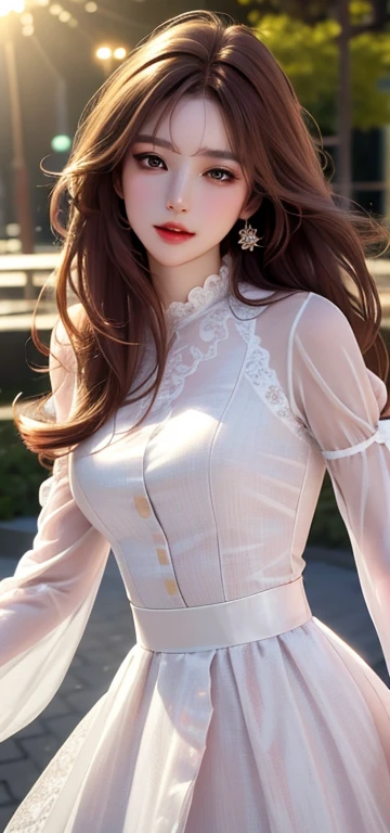 (8k, highest quality, masterpiece:1.2), (Realistic, photo-Realistic:1.37), Very detailed,highest quality, Ultra-high resolution, Professional Light Mapping, Radio City, Physically Based Rendering, Cinema Lighting, ,Depth of written boundary, Sharp focus,Sunbeam, Good composition,(Bokeh:1.2) One girl,alone,(whole body), (Mouth closed),Beautiful fine details, Pause, Tight waist,, Brown Hair,,Long hair blowing in the wind,(Ulzzang-6500:1.2), Mix 4, Hello HD、Luxury Dresses、Highest quality、Super delicate task in progress 17%、Frills,High quality lace dress