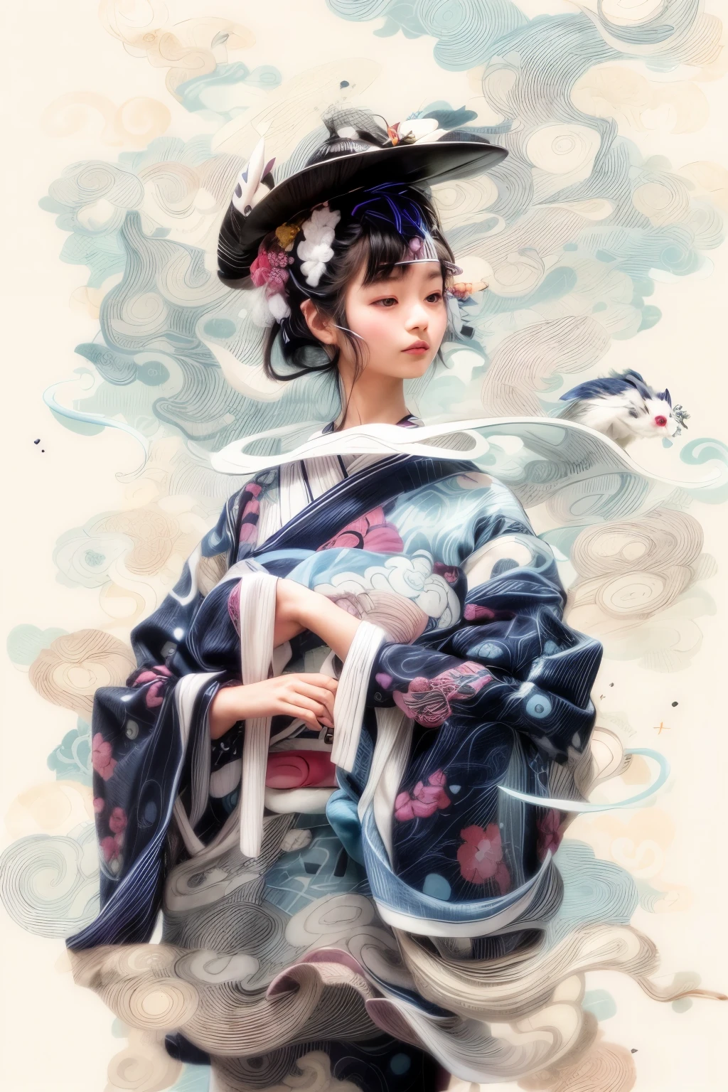 18-year-old Japanese woman wearing a yukata、On a cream background、Sky blue yukata、A yukata with a white rabbit pattern、Black hair style、The shape of Chinese characters

