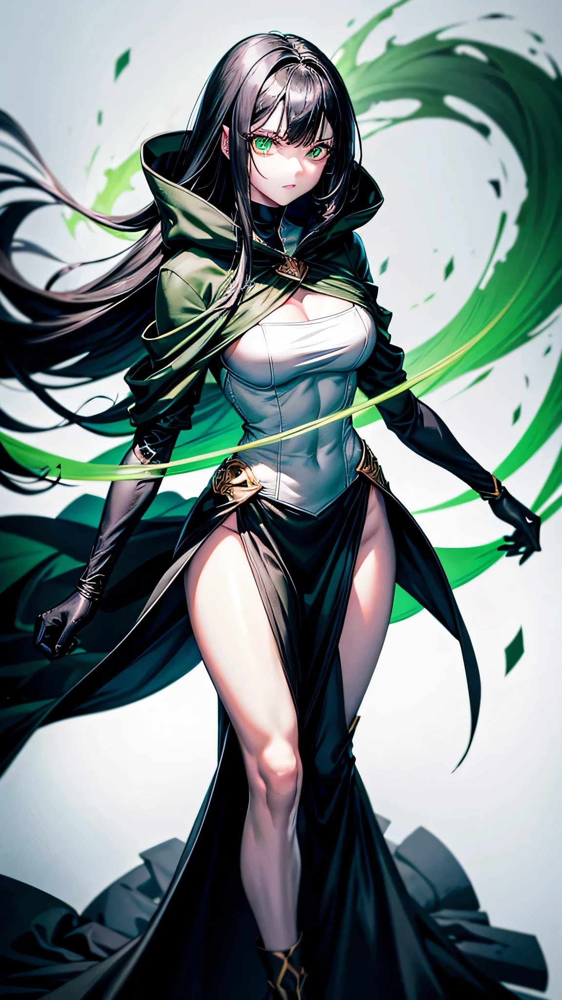 Floating eyeballs and green floating hands. Zombielike sleepy 18 year old girl with pale white skin, really long smooth silk black hair with really long bangs covering her right eye, sharp glowing green emerald eyes with bags underneath, a muscularly lean and slim body, wearing a black, gold and white war dress with a black hoodie, holding black surgical knives, standing in a white background. War surgeon. Disease god. Fullbody. Muscular arms and muscular legs. Green eyes. Mature. Exhausted eyes. Black gloves. Floating green eyes and floating green hands. Right eye is not visible. gold accesories. Long black skirt