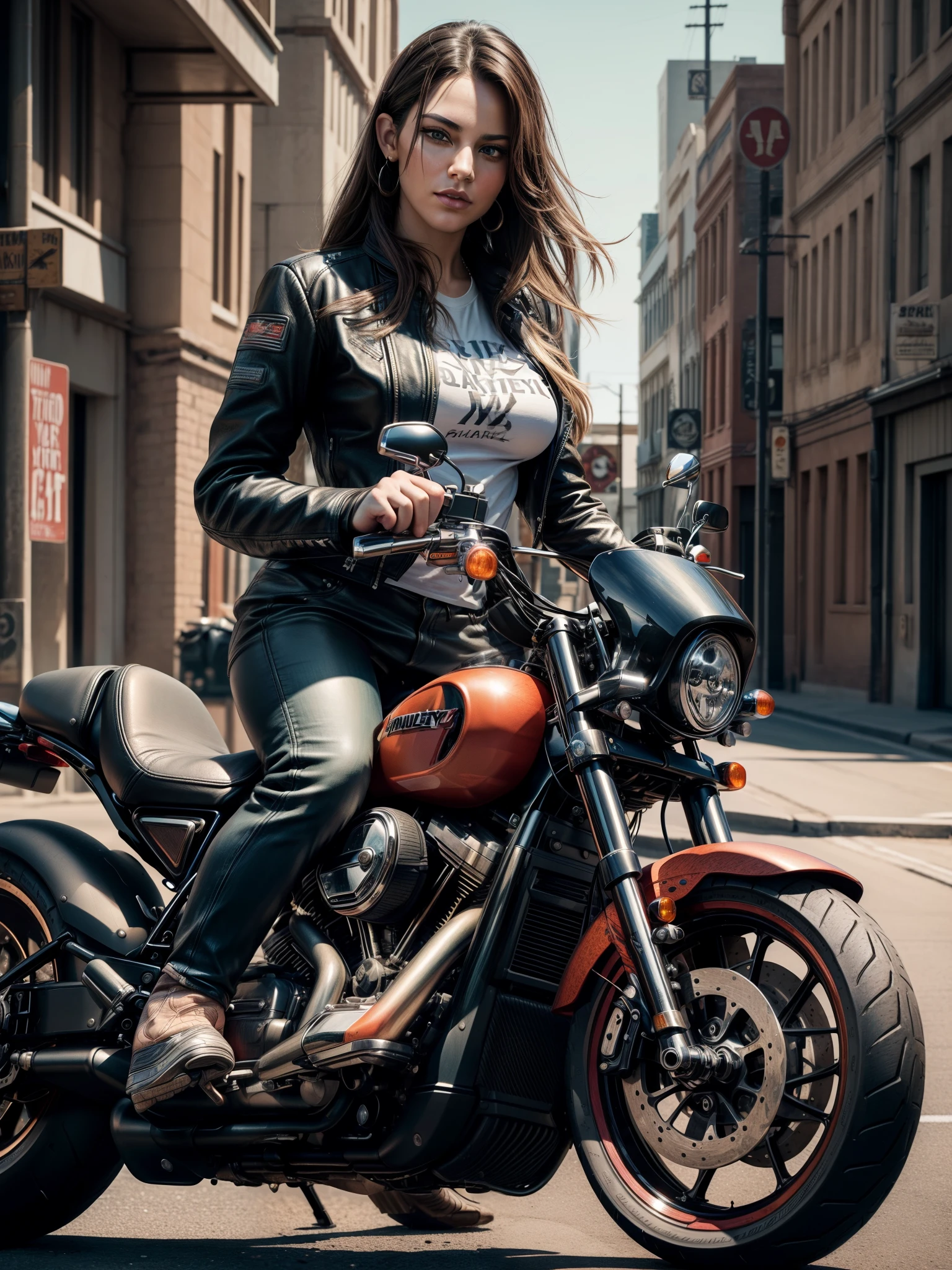 ((masterpiece)), ((best quality)), ((hyper detail)), wide angle shooting, digital painting, beautiful woman, long straight hair, eyebrows, perfect face, big breasts, T-shirt, exposed leather jacket, trousers, big thighs, (harley davidson motorbike), cowboy shot, background, (harley davidson motorbike:1.2), machine no, real, urban, street, desert, dust, realistic, professional photographer, (highly detailed), (intricate detail), (octane rendering), hd, uhd, 16k quality
