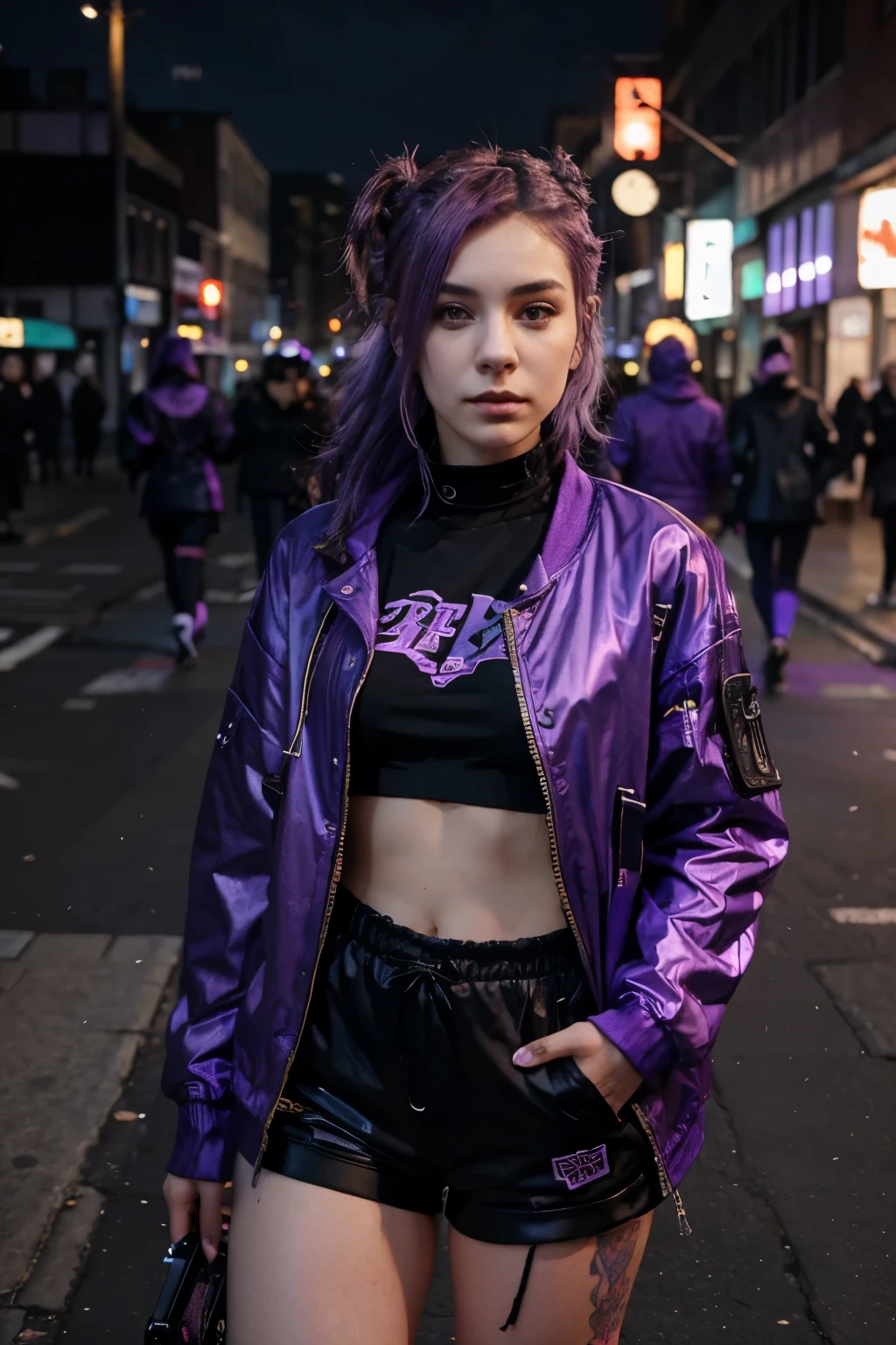 On the streets of the city,Woman with purple hair wearing purple jacket and purple shorts,Have a beautiful face, wearing Cyberpunk Streetwear, She's wearing street clothes, Cyberpunk Streetwear, Woman in street clothes, Pastel Gothic aesthetic, Japanese streetwear, 80s anime atmosphere, Female street style blogger, Wearing Japanese tech clothing, Pastel Gothic, Street Fashion, Cyberpunk atmosphere, Purple aesthetics, Purple hue, Photo of a woman in tech clothing