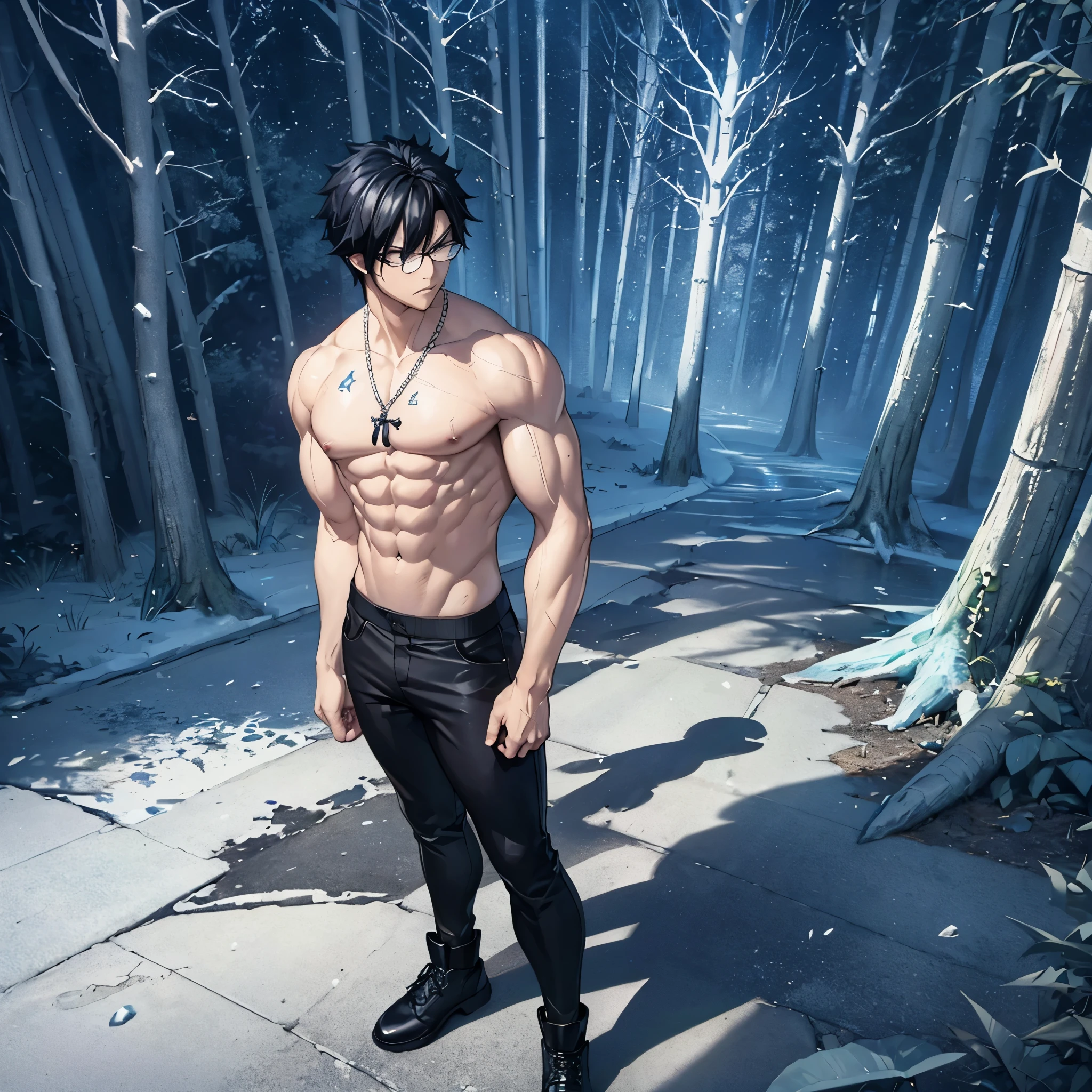 Man, shirtless, wearing black pants, black shoes, very muscular, well-toned arms, black hair, black eyes, full body, serious face, wearing glasses, standing on a concrete walkway, with an aura of ice around him , blue shine. well-muscled arm, fantasy forest background (solo man).
