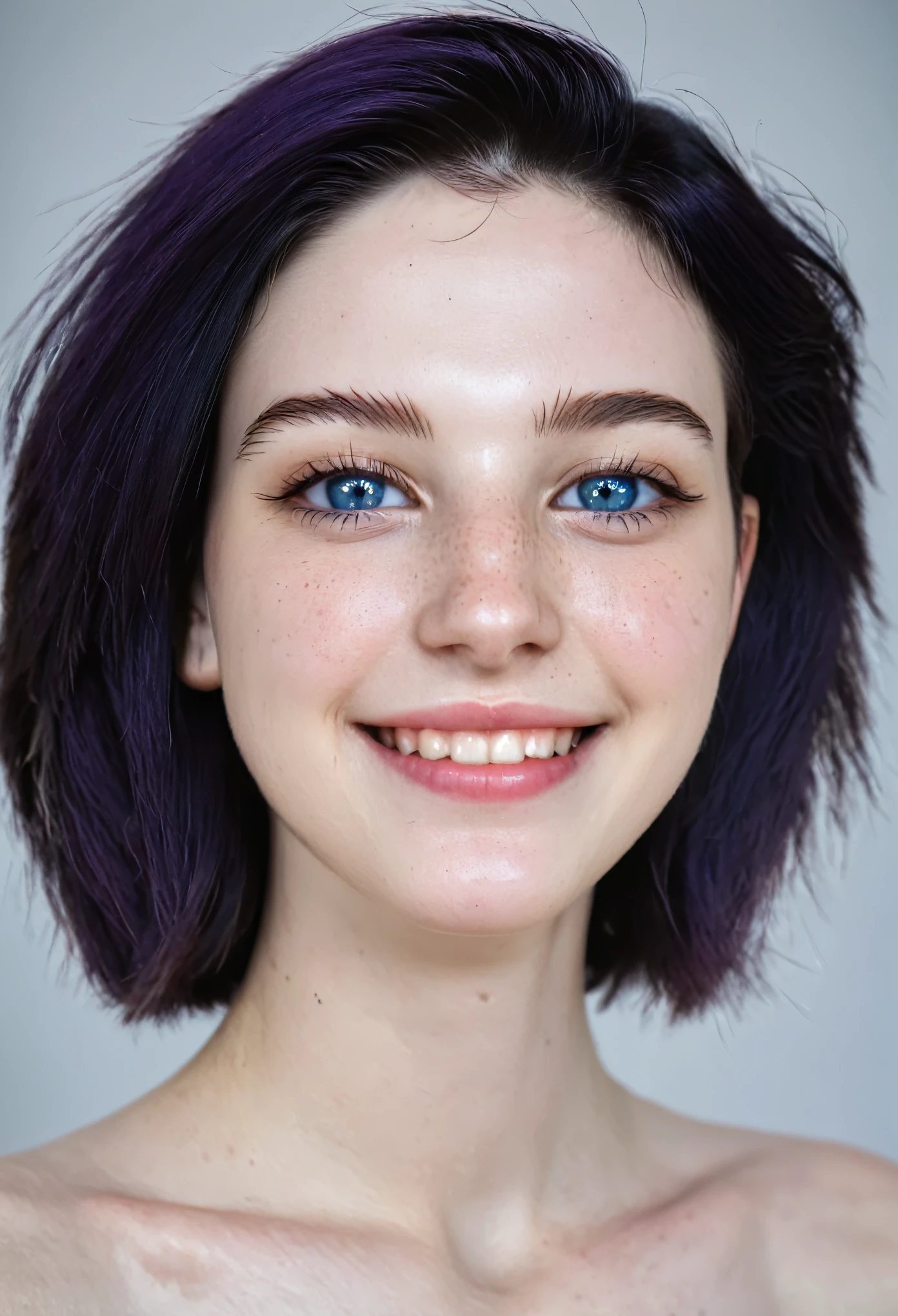 photo of the most beautiful Netherland girl, 21 years old, short dark violet hair, (freckles), upper body photo, blushing, simple look, unedited photo, feminine face, natural, unpretentious, simple style, smile, pale skin, correct anatomy, daylight, global illumination, very detailed skin texture, supermodel face, blue eyes, supermodel face