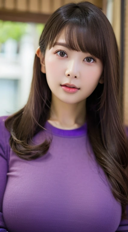 (((1girl))), highest quality, realism, Fine details, High resolution, 8k wallpaper, Perfect dynamic composition, Beautiful and delicate eyes, Medium Hair, Tying up hair、full, Large Breasts, Casual and sexy pose,Put your chest together、(Purple see-through tight sweater)、(Breast swelling 1.3)、The resort has beautiful views、Age 25、(Droopy Eyes 1.4)、Adult Beauty、Japanese、Look at the person taking the photo