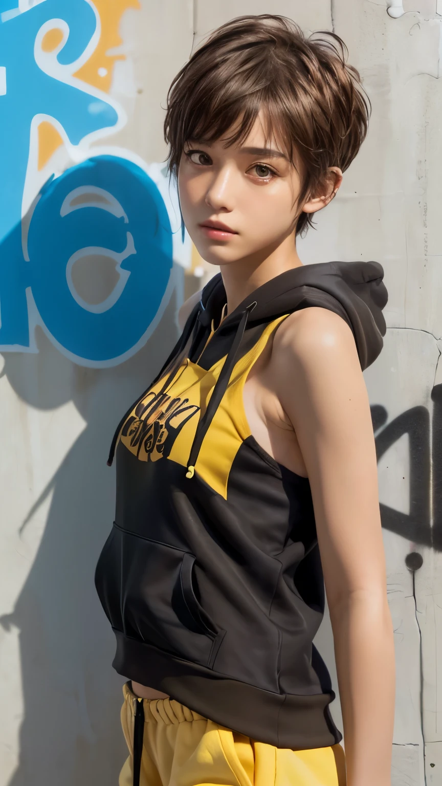 masterpiece, highest quality, Super detailed, 8k, Photorealistic, One girl, alone, Tomboy, Super detailed face, (head shot:1.5), Upper Body, Standing in front of a wall covered in hip hop graffiti, Light brown pixie cut hair, He is wearing a short black tank top and an unzipped yellow hoodie., Reach into your hoodie pocket