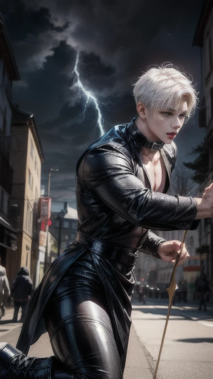 realist, masterpiece, complex parts, detailed background, depth of field, muscular, Photo of a handsome man (Young Korean looks like a K-pop idol), 20 years, Shirt with latex collar, shiny latex, fighting stance, dynamic pose, Andante, Tangas, full length portrait, black boots, holding a bow, with arrows on the back, on the street of a medieval city, (short white hair), It has a touch of mystery and magic, dark clouds, And lightning falls to the ground. sensual crotch, White skin, pale,