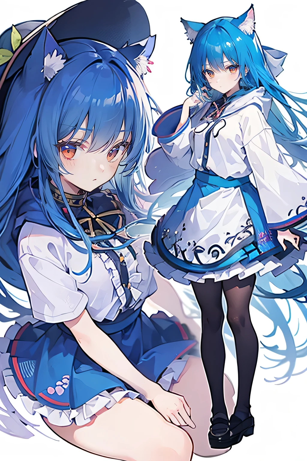 (masterpiece:1.2),Super detailed,lifelike,Expressive eyes,fair skin,perfect face shape,1 girl,
Japanese comics,Gorgeous blue hair,flowing blue hair,flowing clothes,Cat ears,Petals fall,beautiful lola,Baby Angel,
Shaking head with one hand,Cross your legs,Gentle and peaceful background,The pavilion is cool and comfortable,smile, wearing hoodie, background of tokyo,back views,snowing, winter.