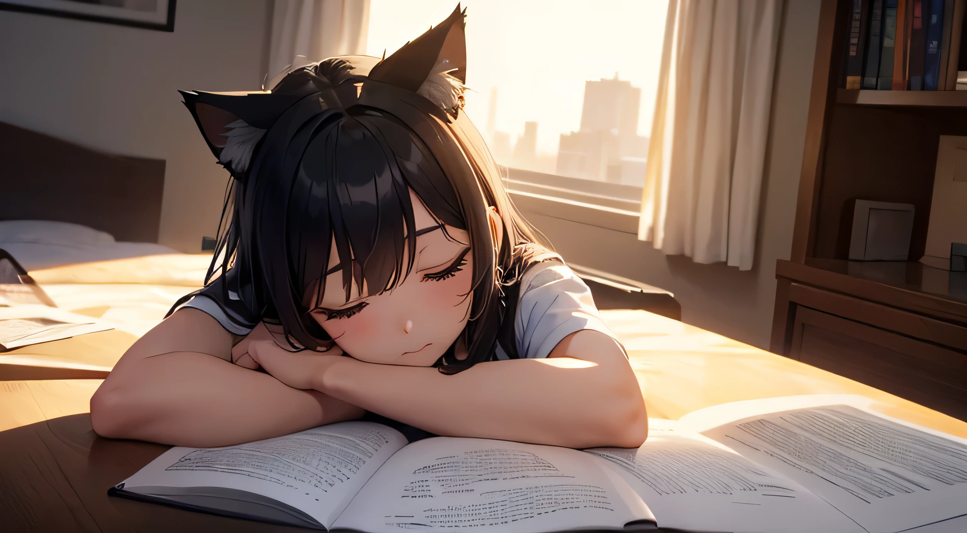A beautiful girl with cat ears who fell asleep while studying, a stylish room, indirect lighting, and the sunset shining through the window.