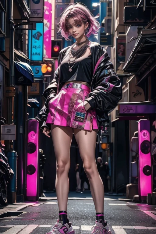 highest quality, Very detailed, masterpiece, 1 person,woman,(((完璧なwomanの体))),Very beautiful face, Very beautiful body,Gentle expression, Very beautiful eyes,(Perfect Makeup:1.1),Fashion Model,Cyberpunk Fashion,short hair,Shaggy Hair,Fluorescent pink and blue hair:1.3, Very thin body,Smart Abs, Black and purple cyberpunk short outfit, Fluorescent pink and blue mini skirt,necklace,anklet,Two-tone high-top sneakers,A kind smile,Full body portrait,(Street background:1.3), (Shiny skin),(Earrings),Monogram pattern,Gradient Graphics,neon,Hanging tights,