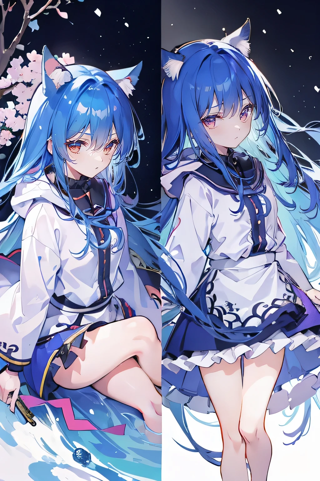 (masterpiece:1.2),Super detailed,lifelike,Expressive eyes,fair skin,perfect face shape,1 girl,
Japanese comics,Gorgeous blue hair,flowing blue hair,flowing clothes,Cat ears,Petals fall,beautiful lola,Baby Angel,
Shaking head with one hand,Cross your legs,Gentle and peaceful background,The pavilion is cool and comfortable,smile, wearing hoodie, background of tokyo,back views,snowing, winter.