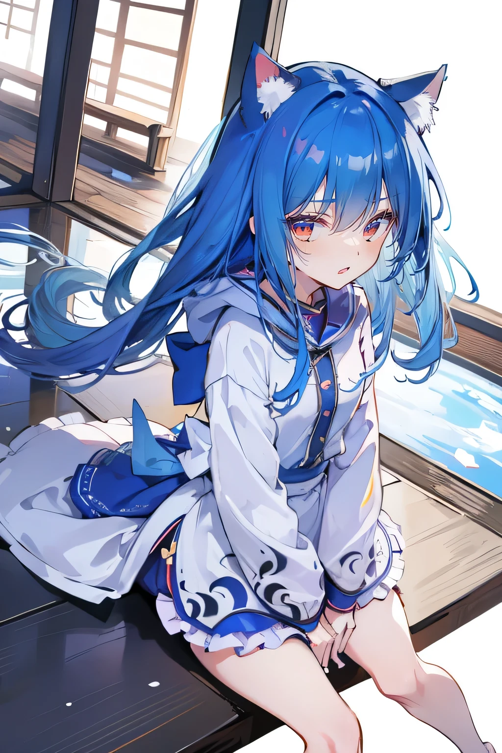 （masterpiece：1.2），Super detailed，lifelike，Expressive eyes，fair skin，perfect face shape，1 girl，
Japanese comics,Gorgeous blue hair,flowing blue hair,flowing clothes,Cat ears,Petals fall,beautiful lola,Baby Angel,
Shaking head with one hand，Cross your legs，Gentle and peaceful background，The pavilion is cool and comfortable,smile, wearing hoodie, background of tokyo,back views,snowing, winter.