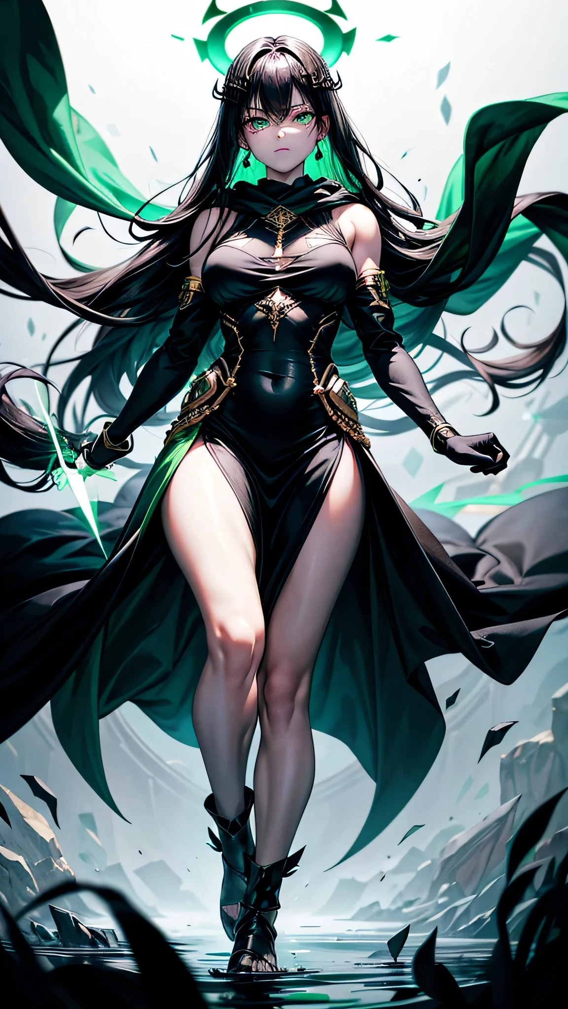 Floating eyeballs and green floating hands. Zombielike sleepy 18 year old girl with pale white skin, really long smooth silk black hair with really long bangs covering her right eye, sharp glowing green emerald eyes with bags underneath, a muscularly lean and slim body, wearing a black, gold and white war dress with a black hoodie, holding black surgical knives, standing in a white background. War surgeon. Disease goddess. Fullbody. Muscular arms and muscular legs. Green eyes. Mature. Exhausted eyes. Black gloves. Floating green eyes and floating green hands. Right eye is not visible. gold accesories. Long black skirt. Black fog and green smoke