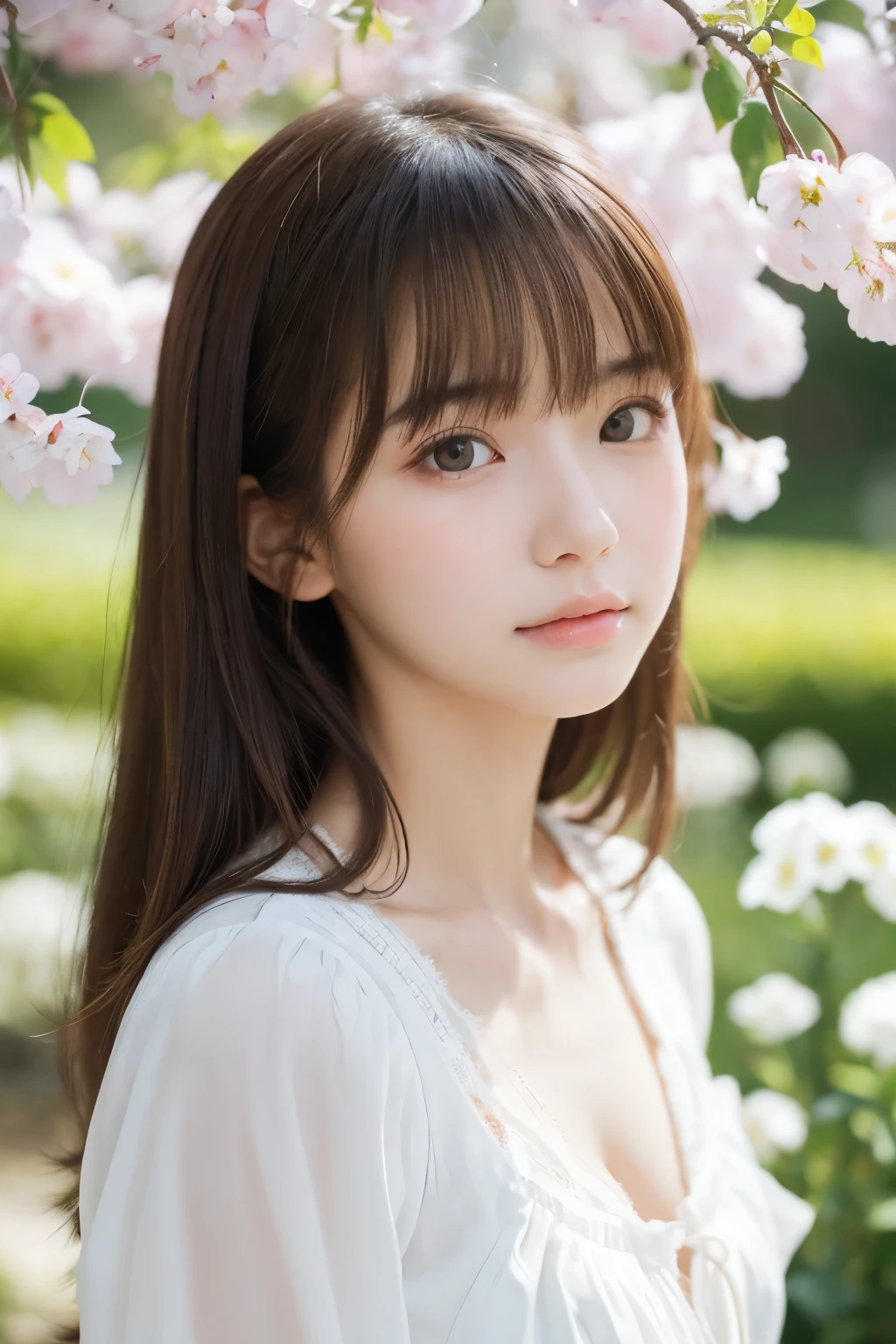 Masterpiece, Top Quality, Raw Photo, Beautiful Girl, (Delicate Beautiful Girl:1.3), (18 Years Old:1.3), (White Spring Clothes:1.3), Brown Eyes, With Bangs, Hair Blowing in Wind, Beautiful Girl, (Eye and Face Detail:1.0), Fair Color, (Innocent), Light Makeup, Not Looking At Audience, Sultry Face, (Beautiful Girl), Glowing Cheeks, (Glowing Cheeks), (Beautiful Girl) light), flower garden, relaxing, natural light , innocence, delicate face, white flowers, innocent girl, windy garden