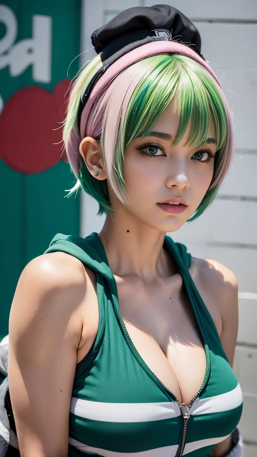 (head shot:1.5),highest quality, Little Woman, nice,whole body, , {{{Beautiful face in every detail}}}, Beautiful empathy (black) eye, Dead Rolling eye, (green) short hair, {Shaggy Cut}, bright (green) Highlighted Hair, Pink striped hair, Bare arms, Standing in front of a wall covered in hip hop graffiti, Pixie cut white hair, He is wearing a short tank top and an open-zipped hoodie..,I can see your chest,Nice ass,Wear a New Era cap