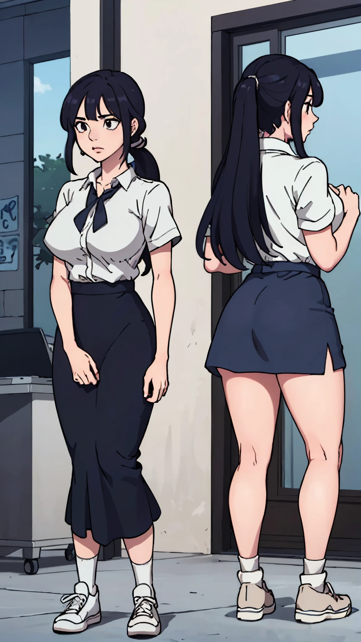 (best quality:1.5, highres, UHD, 8K, detailed lighting, ((ultra high quality)), ((ultra detail)), 1 girl solo, anime girl with ponytail and tie in a, black hair, anime artstyle, as an anime character, wearing long skirt, nagatoro, an anime girl, Ezra scarlet, beautiful anime high school girl, front view of the whole body, ((uniform high school)), wearing short sleeve white shirt white tie, female anime character, anime character, in an anime style, ((full body)), converse, converse high, (big breasts), highly detailed face, cool, tomboy