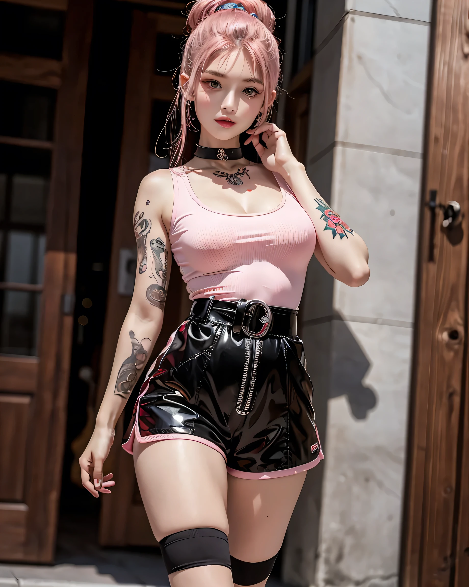 Perfect Style, Beautiful Face, Highly detailed face and skin texture, (Maximum resolution: 1.2), 1 female, alone, Hip Up, jewelry, (((He has many tattoos all over his body)), Streetwear, Play sports often, Pink Hair, Shorts, Sports boots, (((Tight waist))), ((Big Breasts))
