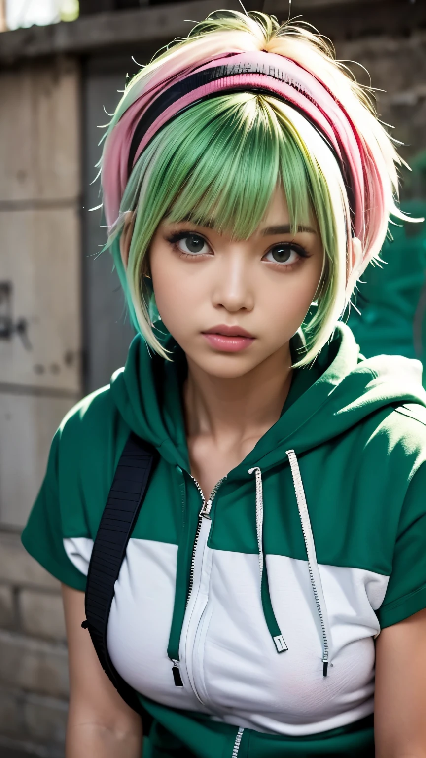 (head shot:1.5),highest quality, Little Woman, nice,whole body, , {{{Beautiful face in every detail}}}, Beautiful empathy (black) eye, Dead Rolling eye, (green) short hair, {Shaggy Cut}, bright (green) Highlighted Hair, Pink striped hair, Bare arms, Standing in front of a wall covered in hip hop graffiti, Pixie cut white hair, He is wearing a short tank top and an open-zipped hoodie..,I can see your chest,Nice ass,Wear a New Era cap