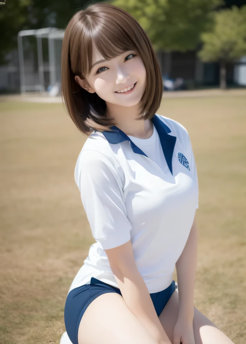 masterpiece,best quality,higher , 1girl, plain shirt, solo, gym uniform, realistic, plain white shirt, (buruma),beautiful face,face focus,(at school ground:1.3), , ((arms at sides down)),((full slender body photo)) ,(Do not enphasize the top of bust), Amazing face and eyes, (silky brown hair, (hime cut hair:1.2)), , , delicate, (Best Quality:1.4), (Ultra-detailed), (extremely detailed beautiful face),, brown eyes, (highly detailed Beautiful face), , (extremely detailed CG unified 8k wallpaper), Highly detailed, High-definition raw color photos, Professional Photography, Realistic portrait, Extremely high resolution, ,, ,,(Photo from the thigh up), big smile, standing,