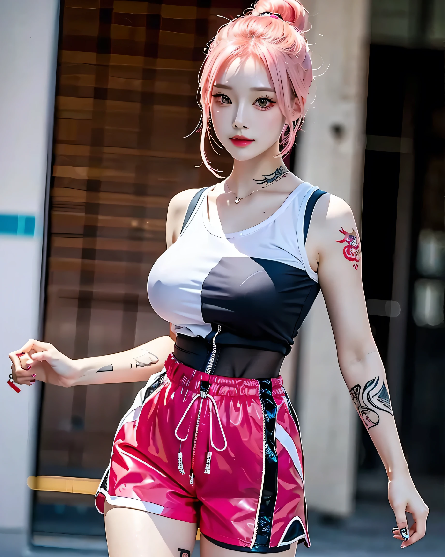 Perfect Style, Beautiful Face, Highly detailed face and skin texture, (Maximum resolution: 1.2), 1 female, alone, Hip Up, jewelry, (((He has many tattoos all over his body)), Streetwear, Play sports often, Pink Hair, Shorts, Sports boots, (((Tight waist))), ((Big Breasts))