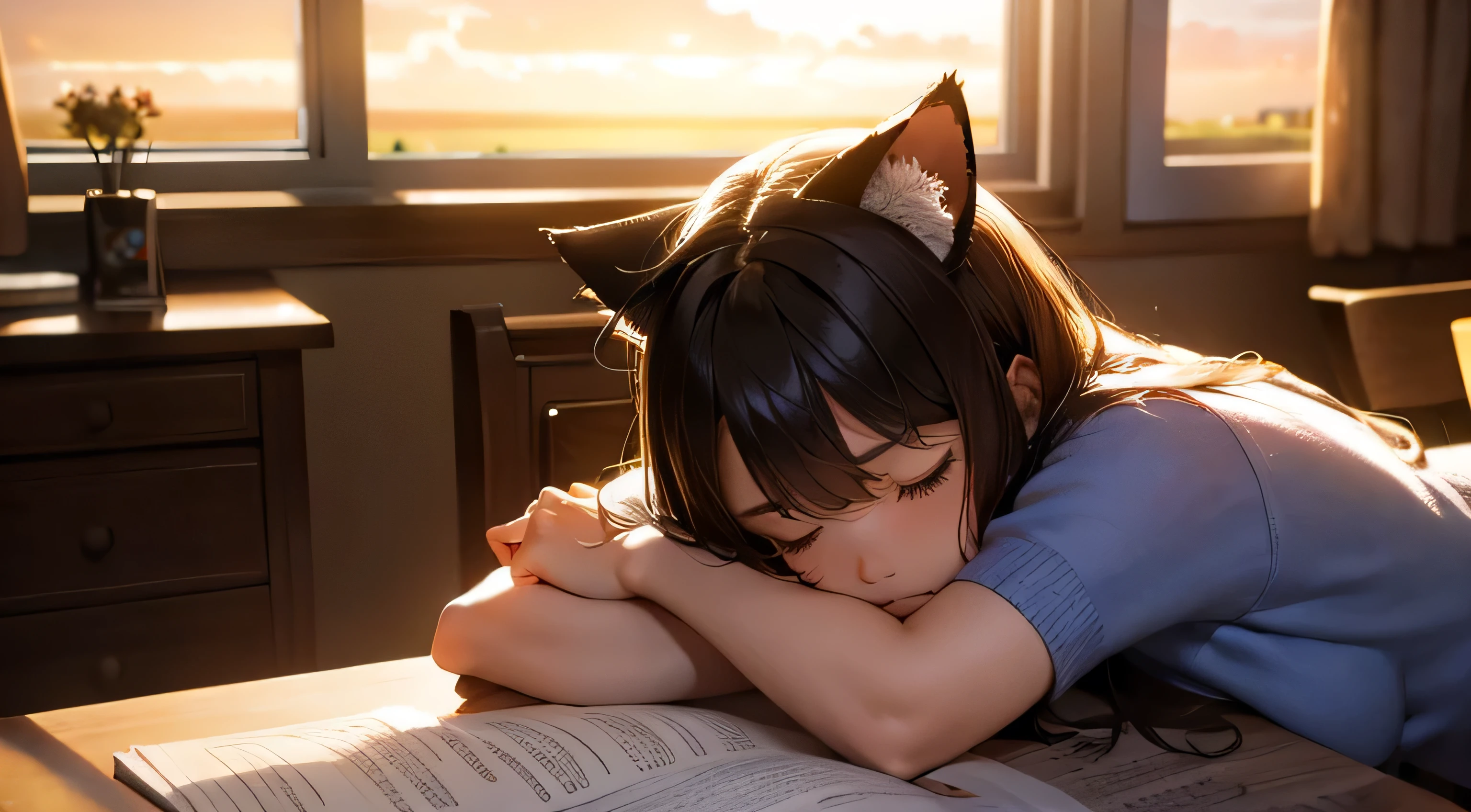 A beautiful girl with cat ears who fell asleep while studying, a stylish room, indirect lighting, and the sunset shining through the window.
