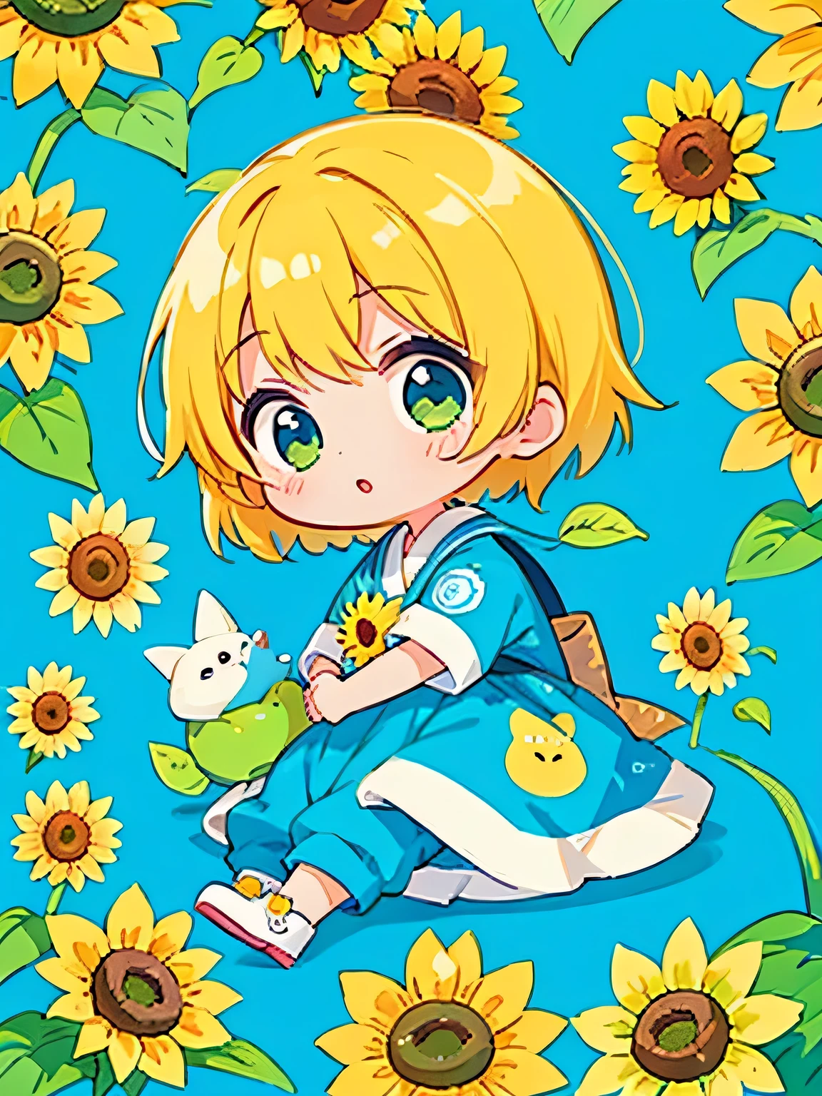 Fujio Akatsuka style, Kawaii Design, The most beautiful girl of all time、Chibi, play together、Cute Aliens, sunflower