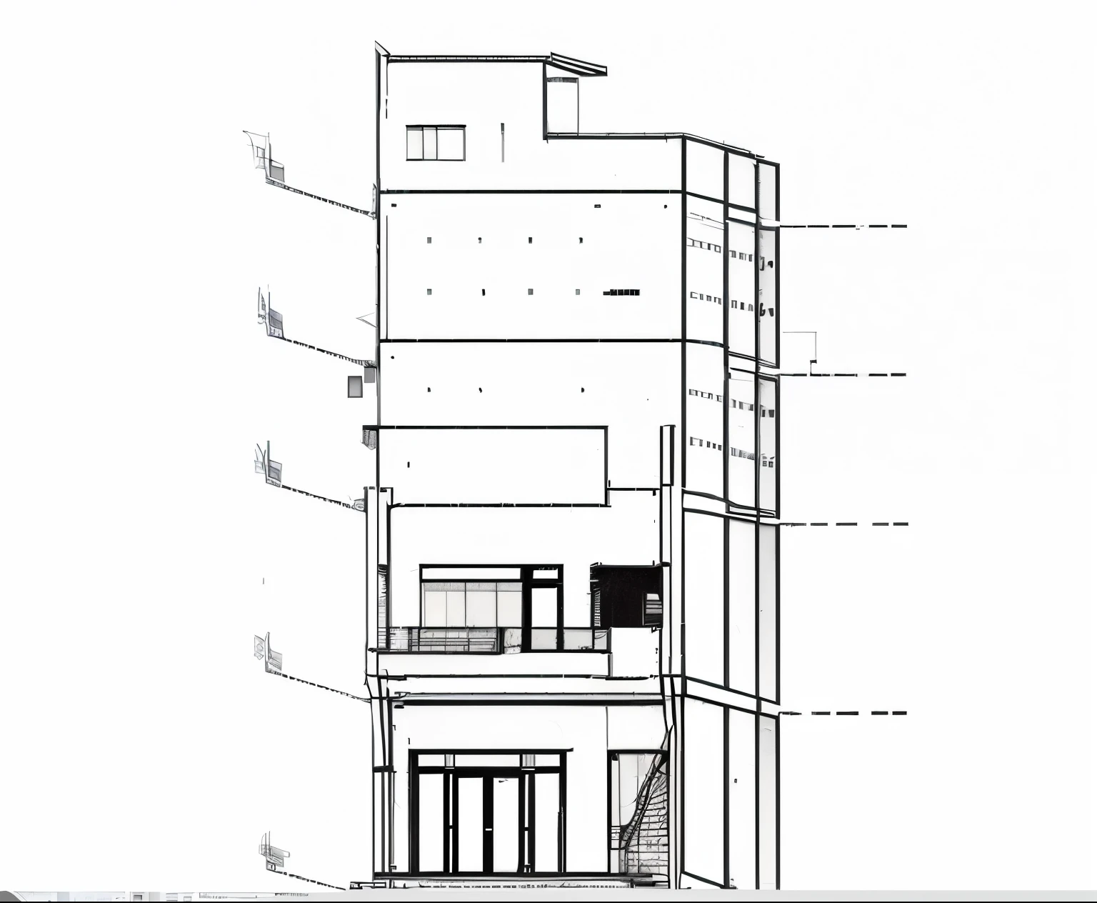 a drawing of a tall building with a balcony and balconies, accurately drawn details, architectural section, elevation view, 2d side view, building facing, high level of detail, extremely high level of detail, height realistic details, detailed architecture, perspective view, 2 d render, orthographic view, highly detailed architecture, mid-view, an extremely detailed building